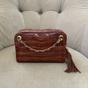 VTG Auth LUC BENOIT Genuine Crocodile Luxurious Brown Minaudiere Clutch Bag
